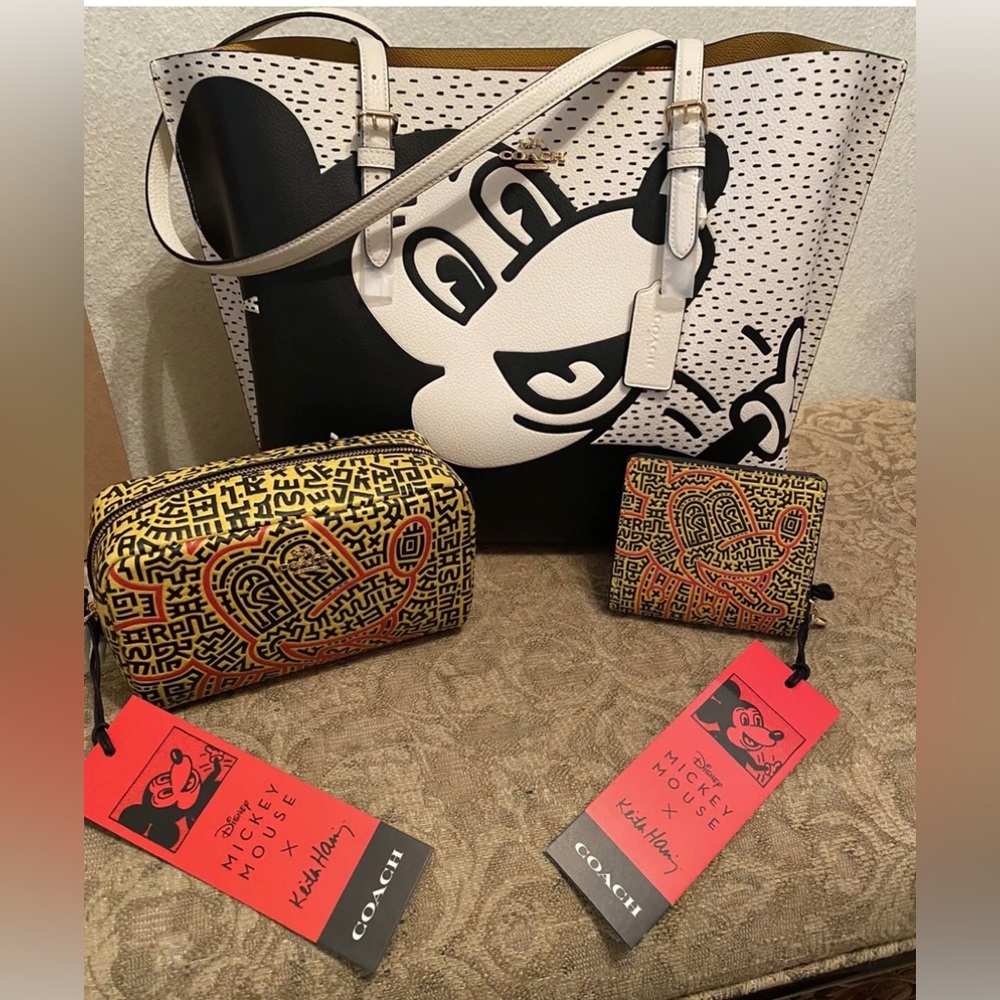 Coach Disney Mickey Mouse X Keith Haring Mollie Tote,Snap Wallet &Cosmetic Case.